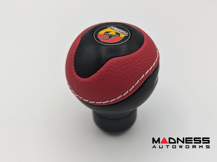 FIAT 500 Gear Shift Knob by BLACK Black Base/ Red Leather Top + Chrome ABARTH Logo V1
